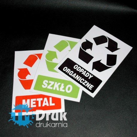 Naklejki na pojemniki z odpadami, wydrukowane na białej folii